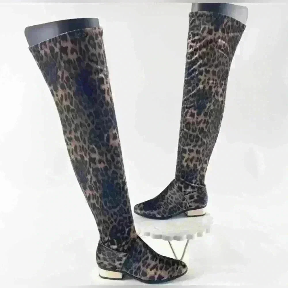 Size 7.5 NWT NIB Bamboo LEOPARD Print velvet Stardom OTK boot gold heel